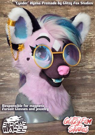 Custom jewelry for Glitzy Fox Studio's Cynder Hyena premade. I developed and made the glasses from scratch working with Glitzy & co for a perfect fit. The chain earring was a combination of previous models edited to fit the design. Both the earring and gla
